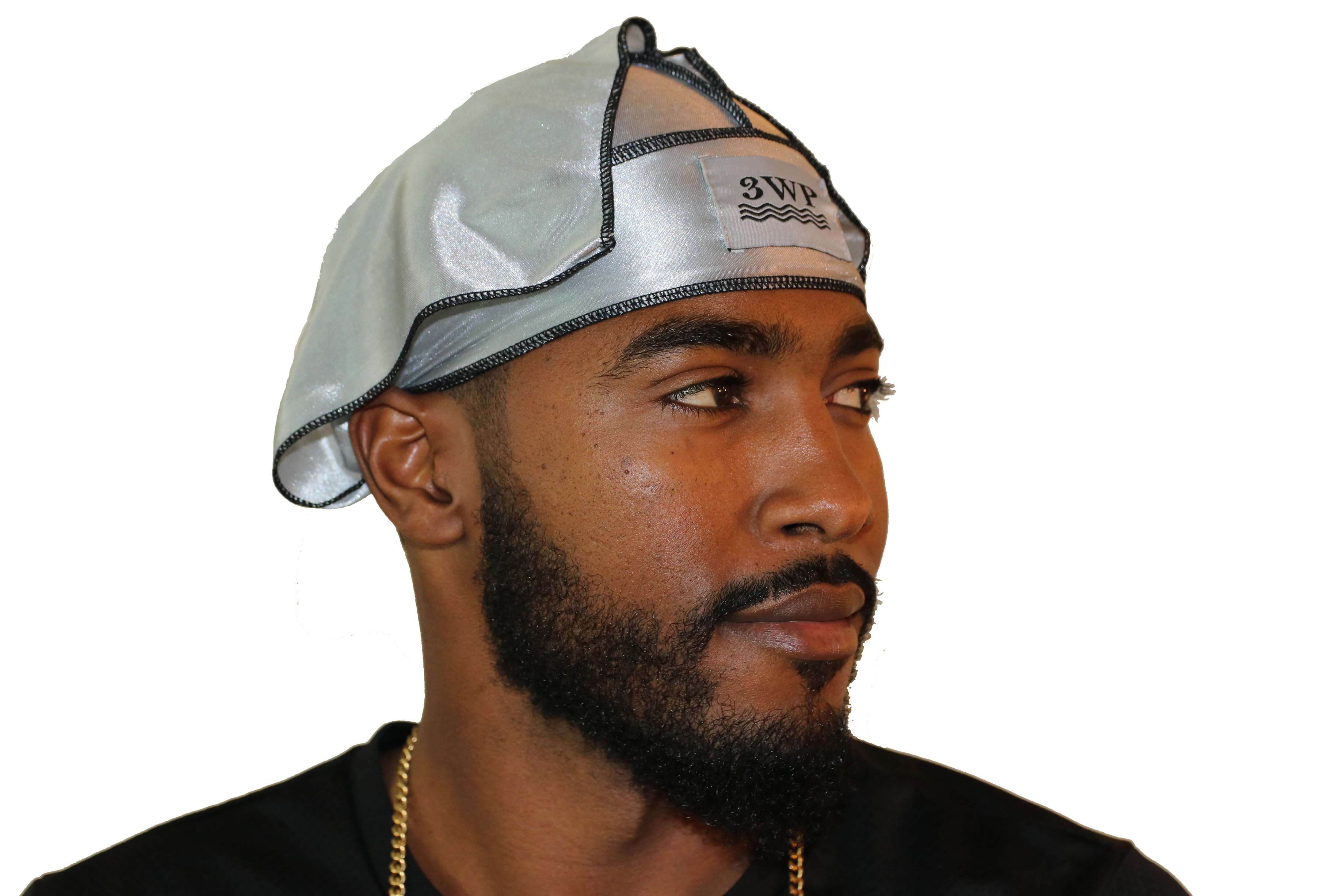 Silver 3WP Silky Durag with black stitching