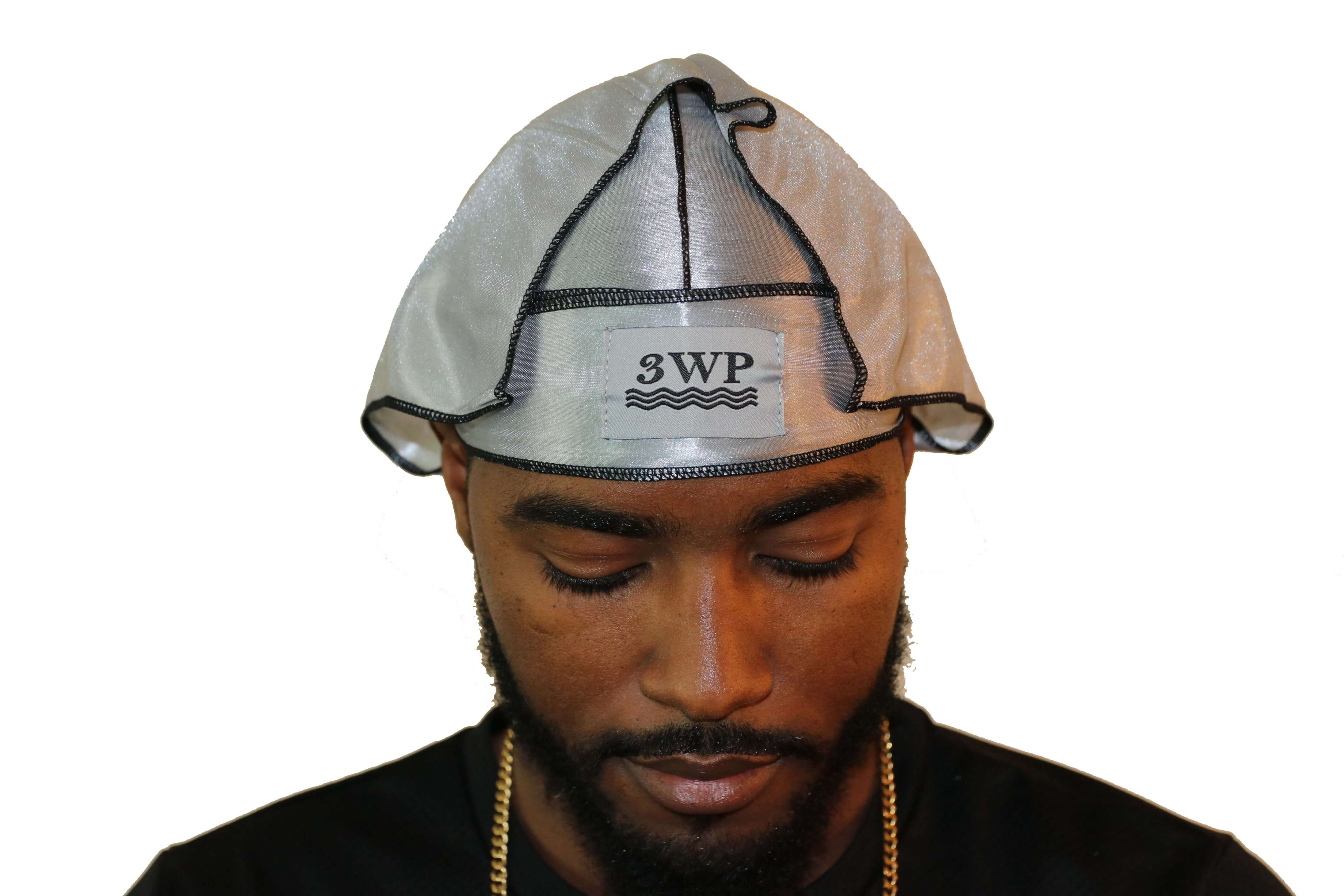 Silver 3WP Silky Durag with black stitching