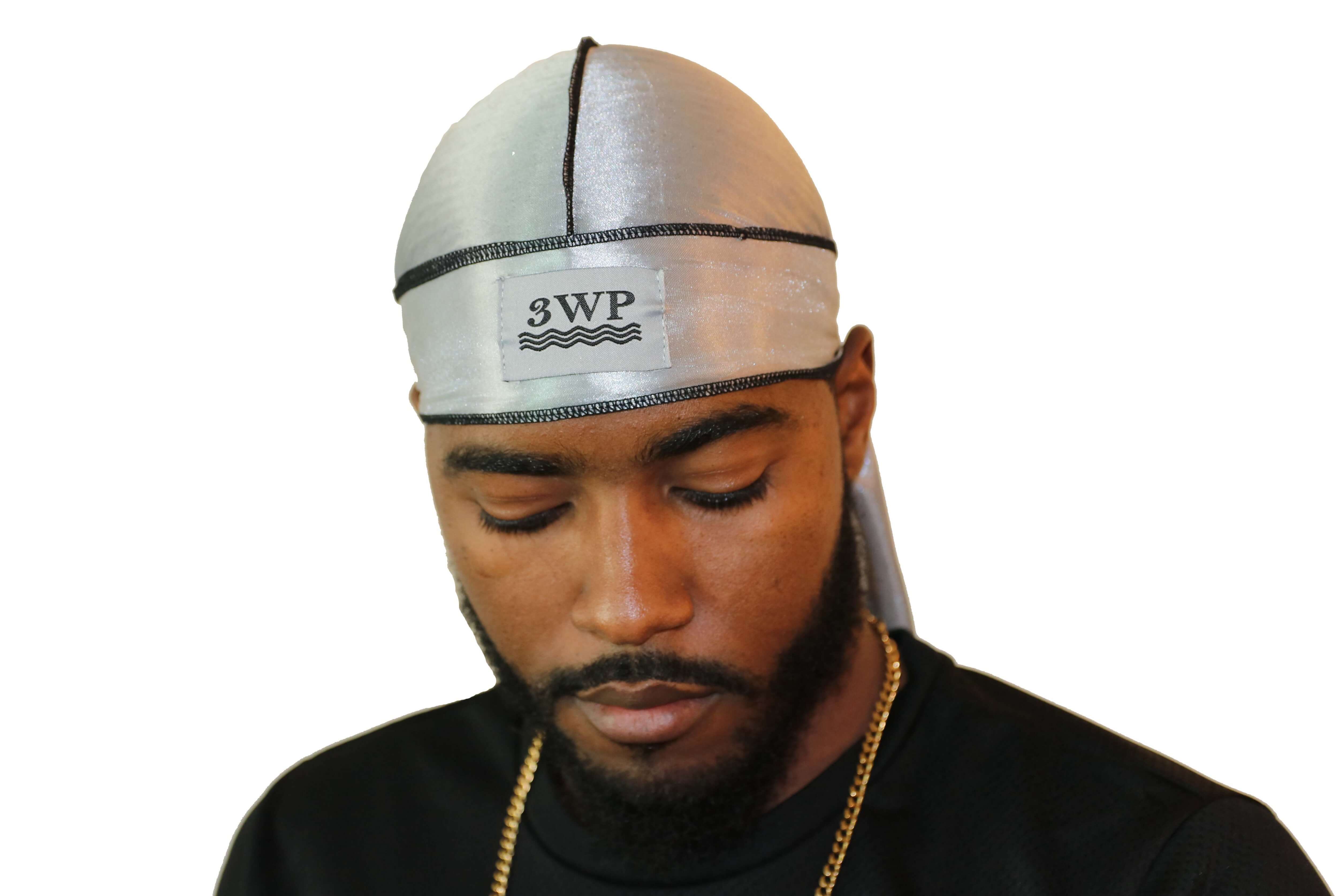 Silver 3WP Silky Durag with black stitching