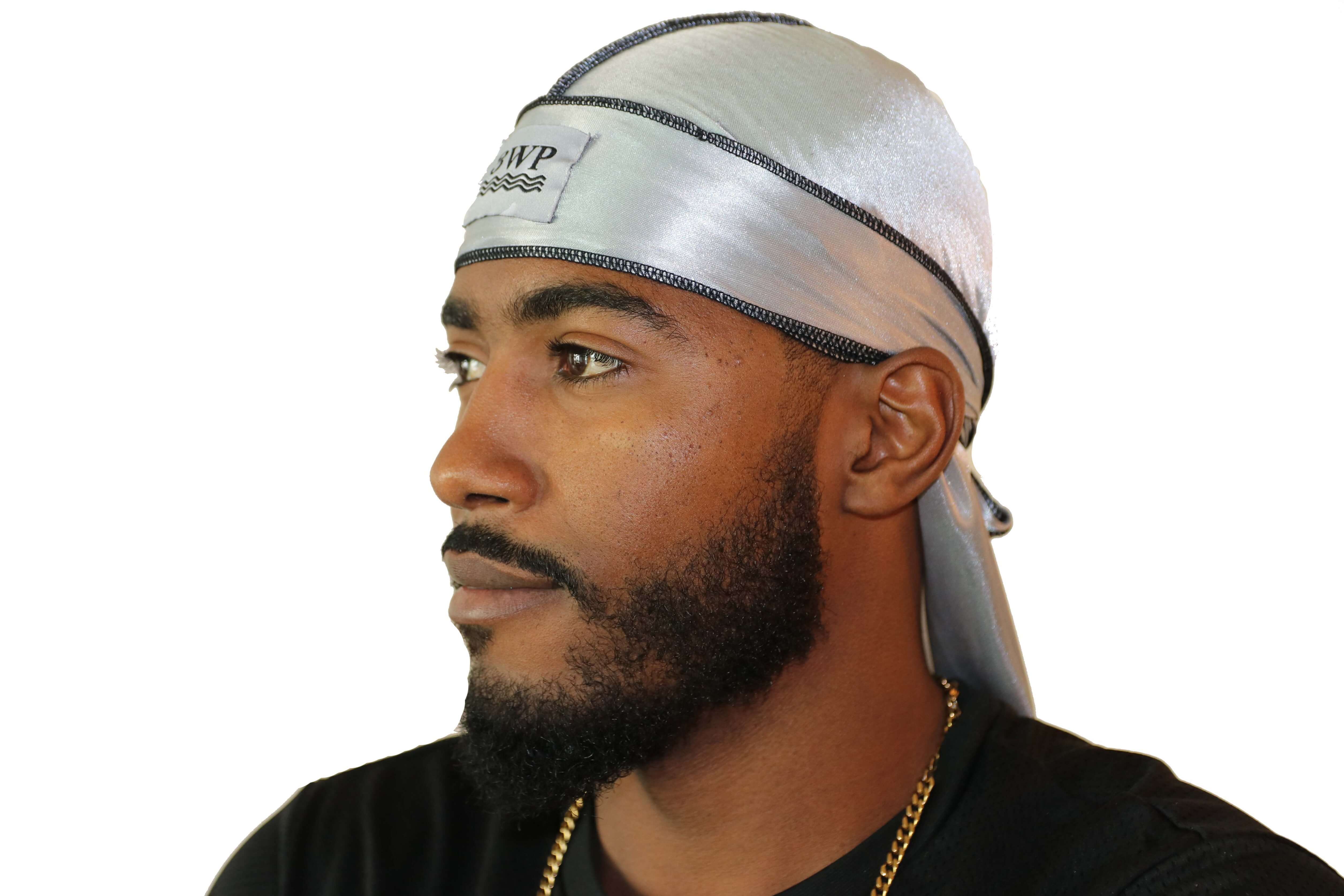 Silver 3WP Silky Durag with black stitching