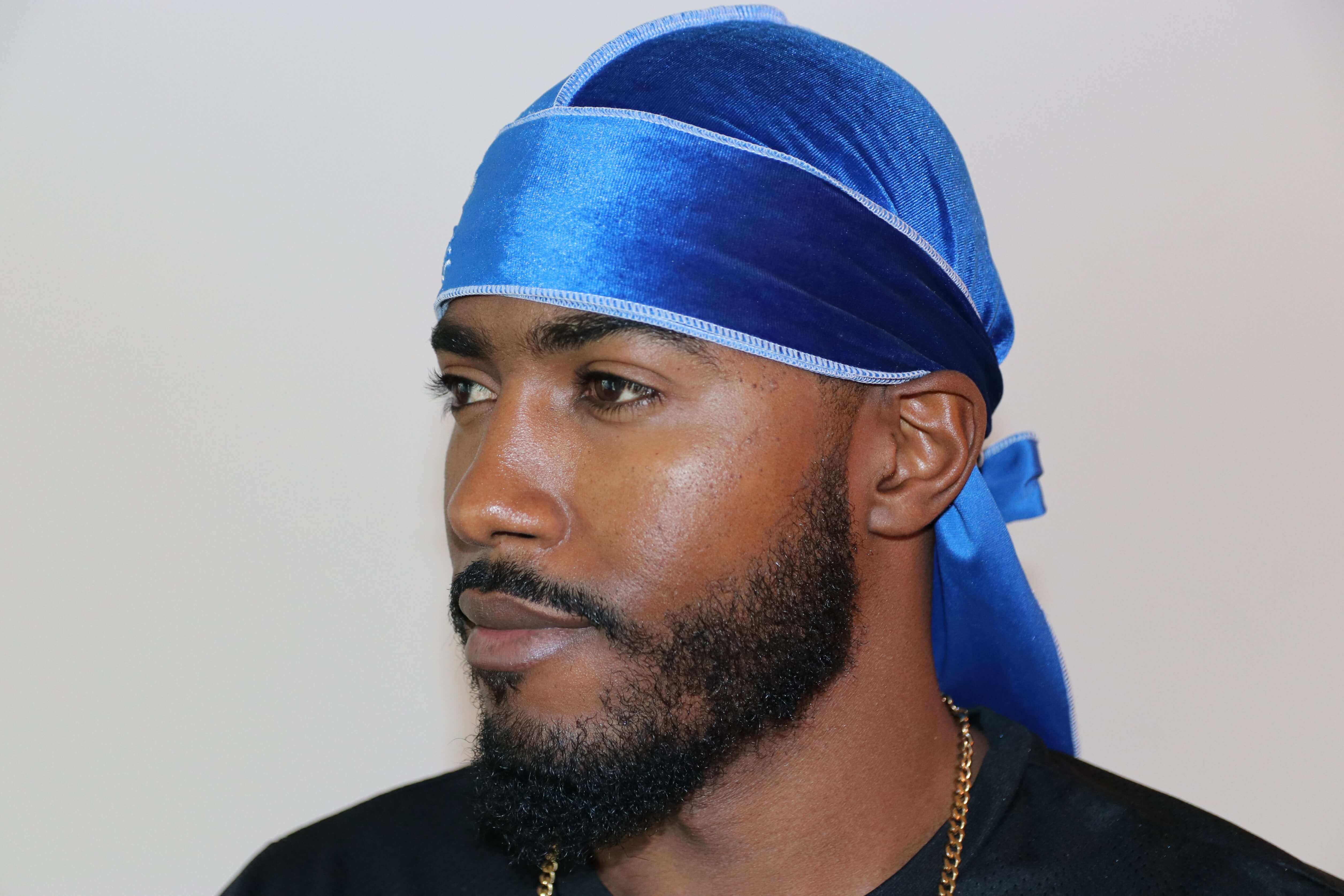 Royal Blue 3WP Velvet Durag white stitching