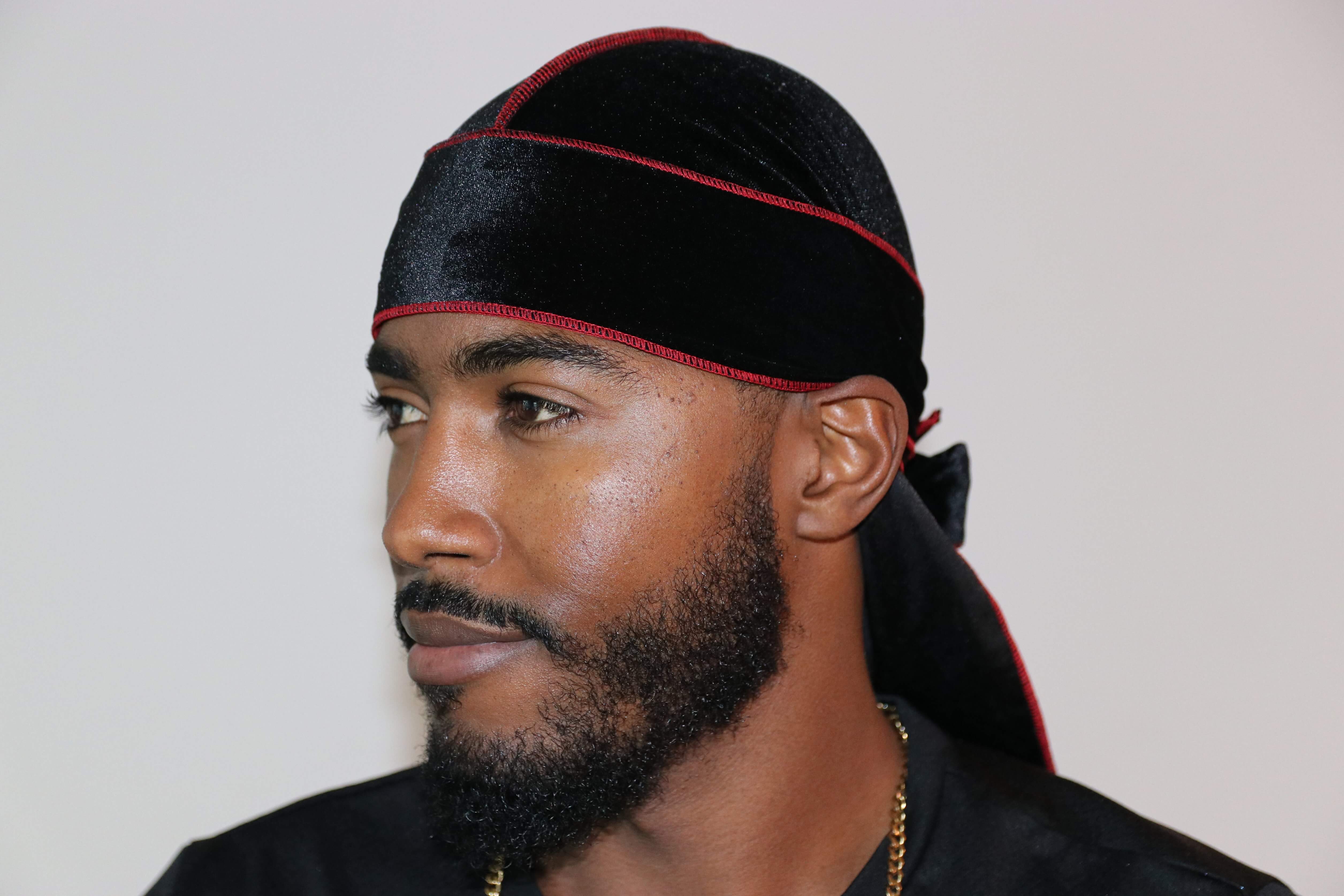 3WP Black Velvet Durag red stitching