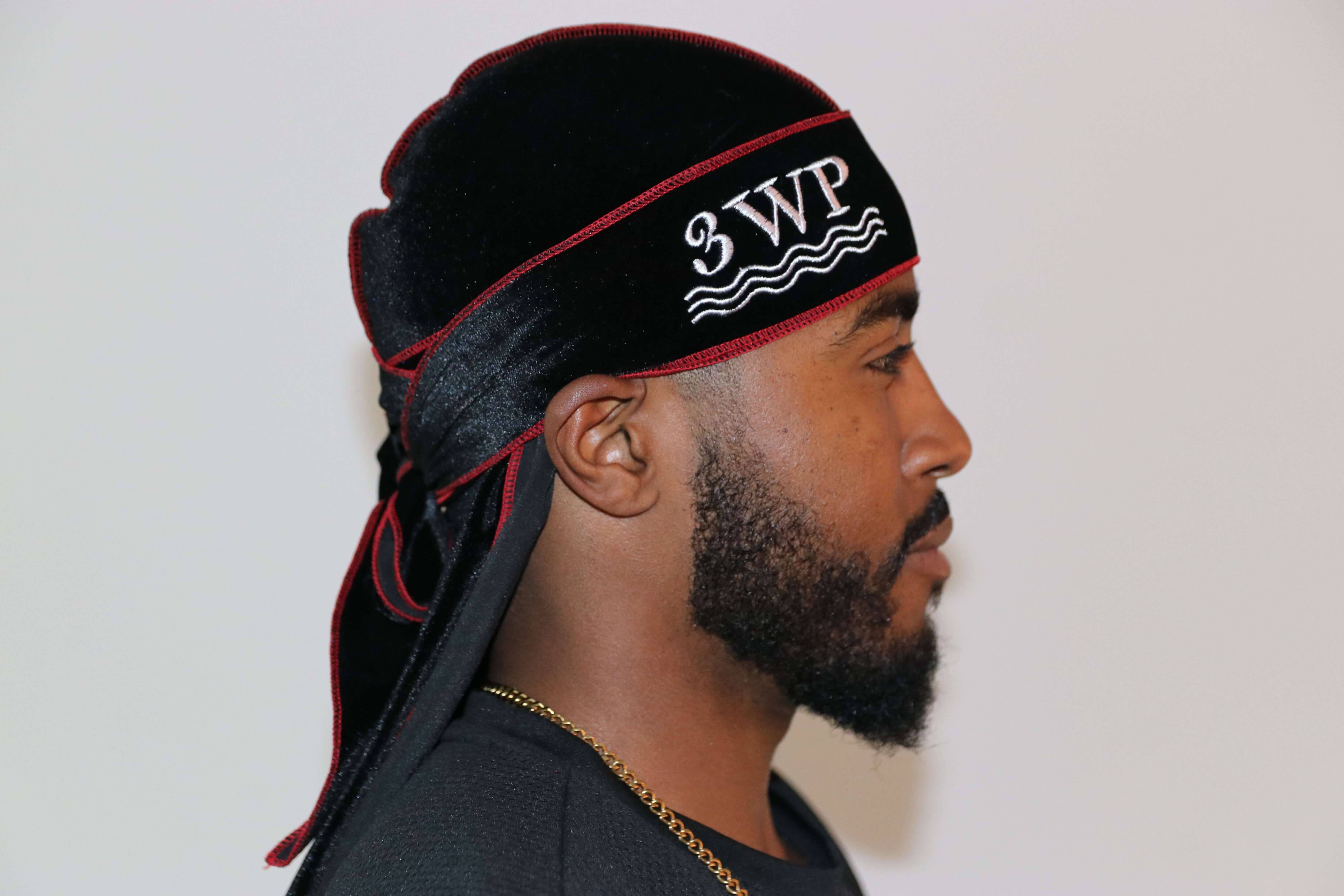 3WP Black Velvet Durag red stitching