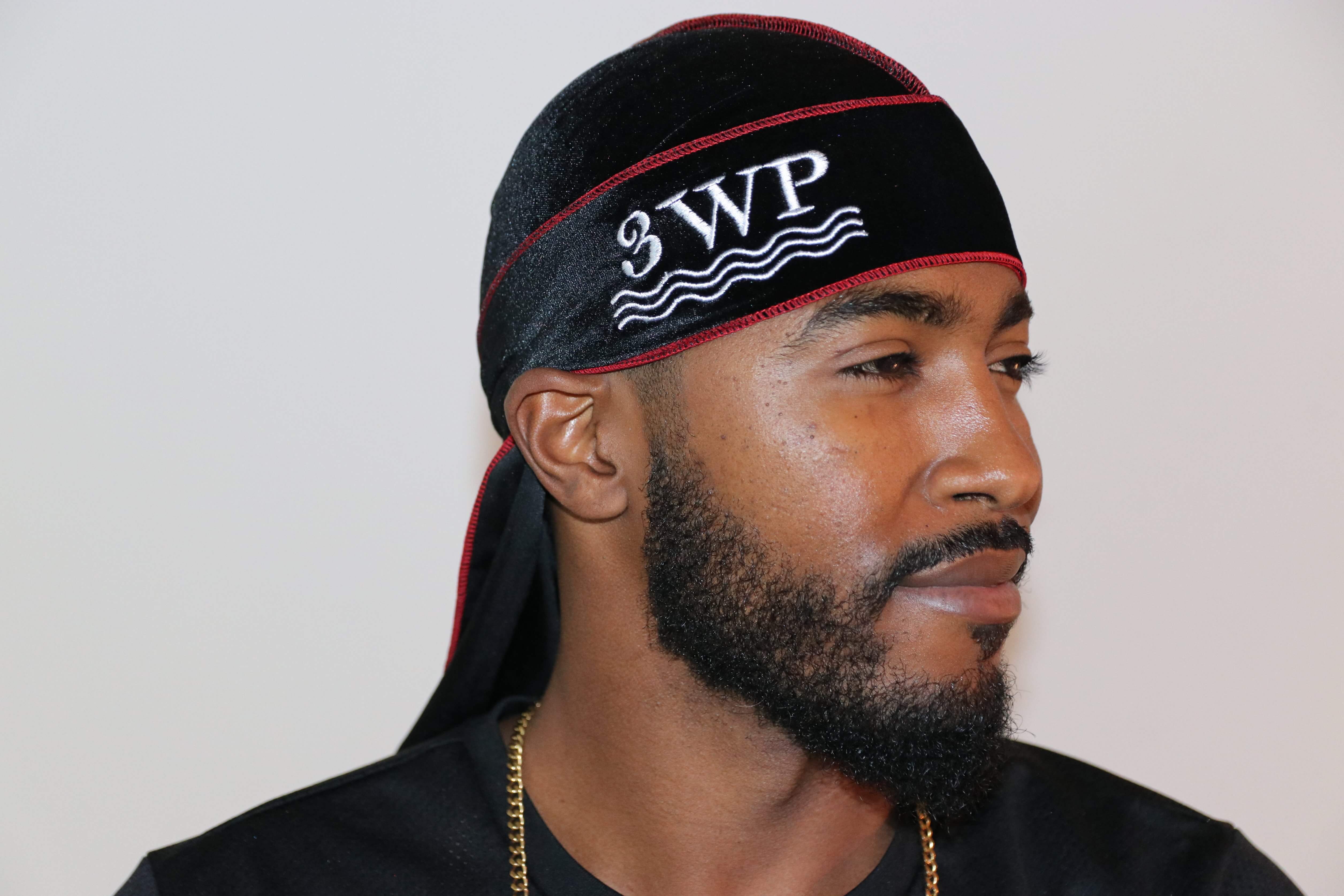 3WP Black Velvet Durag red stitching